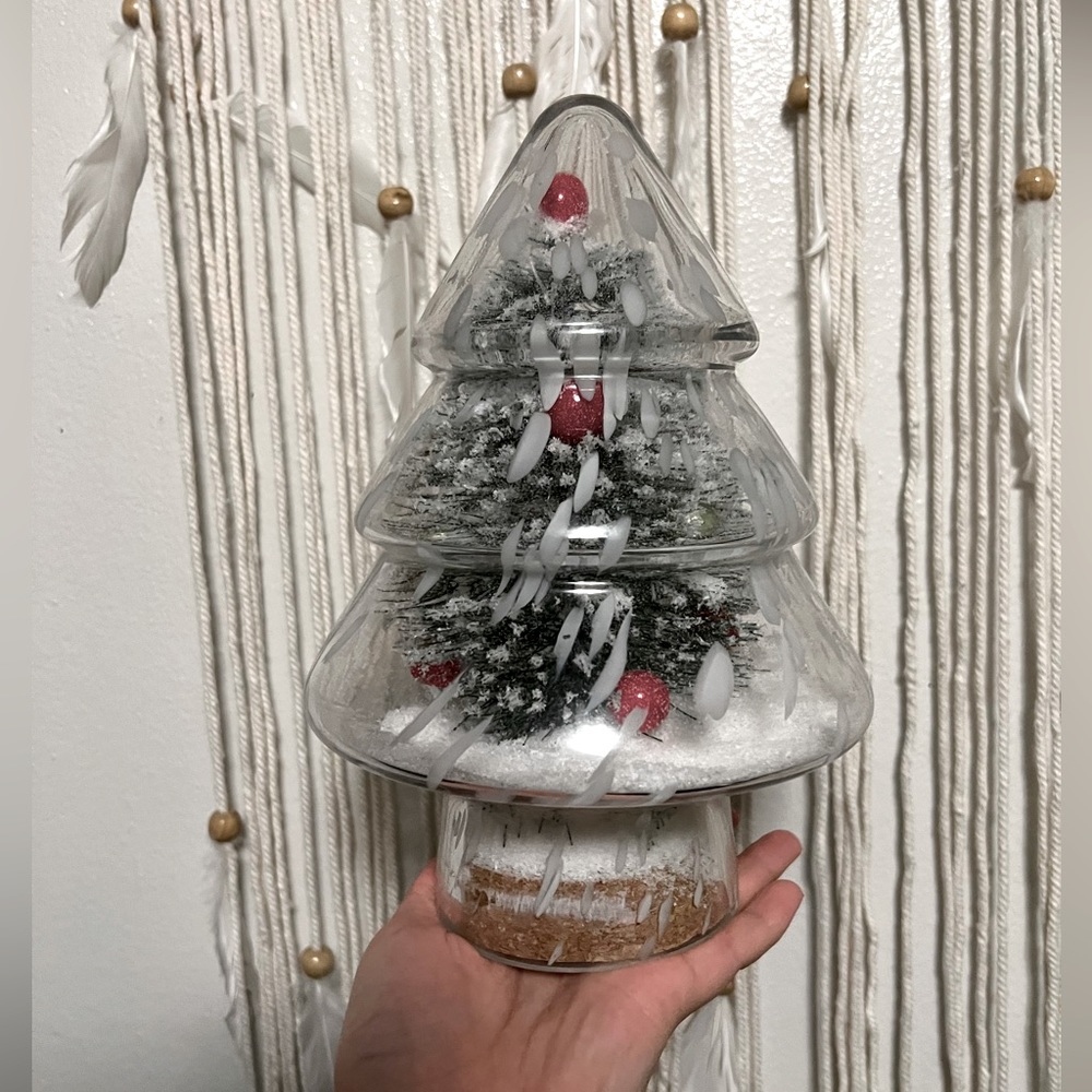 Christmas Tree With Snow Inside A Blown Glass Tree Shape Figure